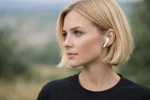 Girl listening to music on headphones