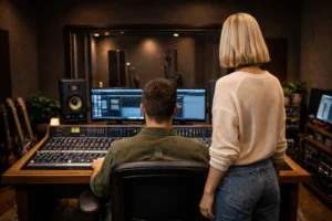 Girl listening to the track after mastering