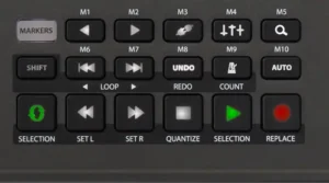 Close-up of Nektar Panorama CS12 DAW controller with motorized fader and macro controls in music production studio