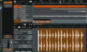 Professional audio production session in Reason 14 with layered Rack devices and mastering workflow