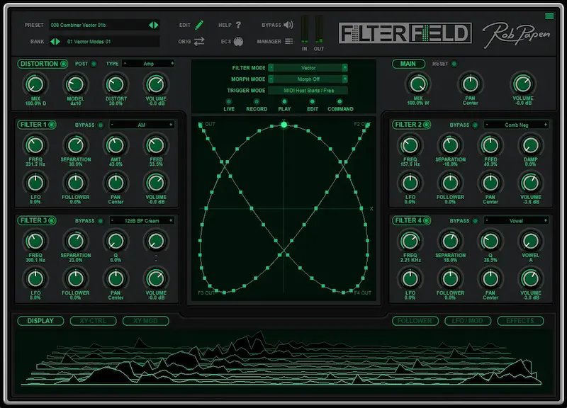 Rob Papen FilterField modulation and distortion controls for parallel audio production workflows