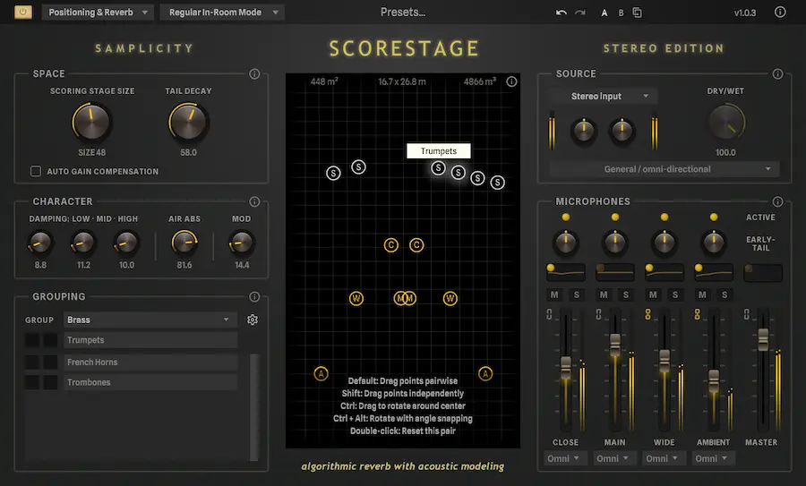 Samplicity ScoreStage algorithmic positioning reverb featuring virtual stage placement and multi-microphone control