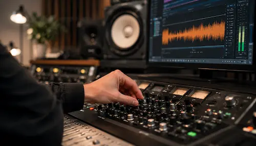 Audio Mastering Engineer überprüft einen finalen Mix im professionellen Studio