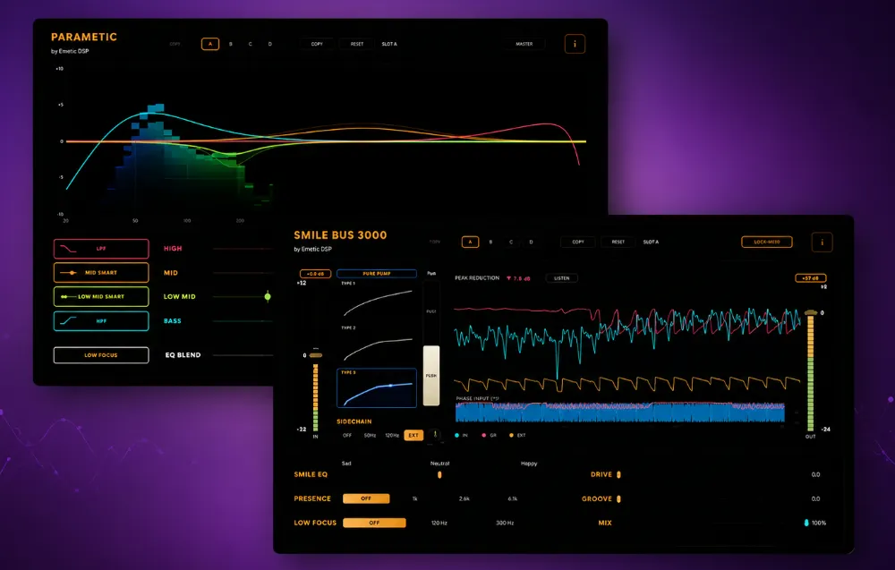 Comparing Emetic DSP Parametic and Smile Bus 3000 with traditional EQ and bus compressor plugins