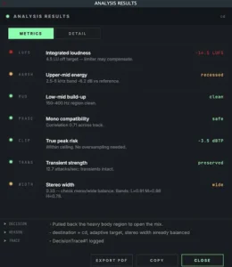 Deterministic mastering plugin analyzing mix balance and translation