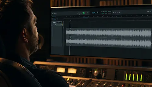 Mastering-Ingenieur analysiert einen fertigen Stereo-Mix vor dem professionellen Audio-Mastering im Tonstudio