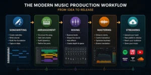 Modern music production workflow from songwriting to mastering and streaming using an analog synth plugin
