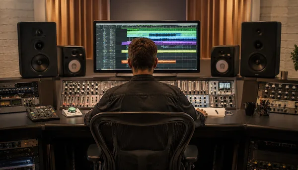 Toningenieur beim Abmischen einzelner Spuren vor dem professionellen Mastering im Tonstudio