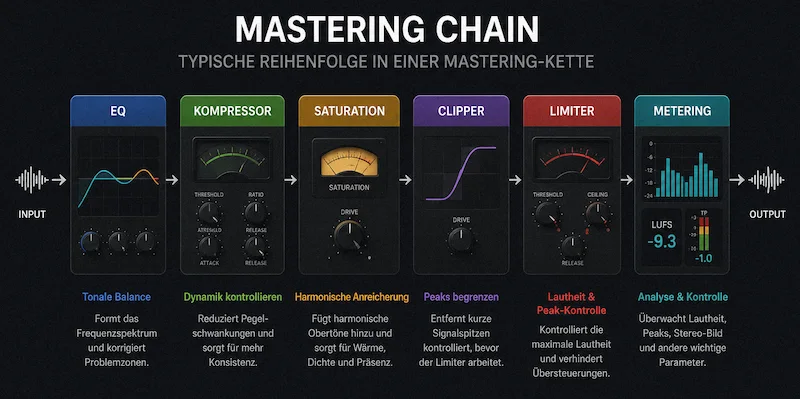 Beispiel einer typischen Mastering Chain mit EQ, Kompressor, Saturation, Clipper, Limiter und Metering