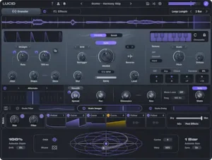 Granular processing controls in Minimal Audio Lucid for evolving textures, vocal effects, and cinematic sound design