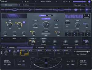 Granular workflow in Minimal Audio Lucid showing scale-aware pitch processing, modulation, and timeline synchronization