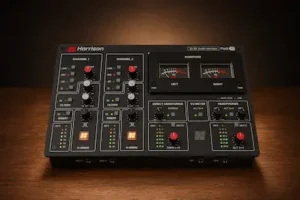 Harrison Flex-10 desktop audio interface showing its analog input section, monitoring controls, VU meters, and front-panel layout