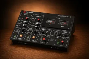 Harrison Flex-10 rear-panel connectivity with analog IO, balanced connections, ADAT, MIDI, and USB-C for studio integration