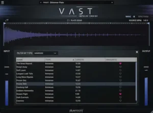Impulse response processing workflow inside Heavyocity VAST with integrated delay, EQ, dynamics, and creative effects