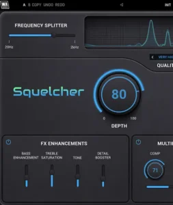 Integrated bass processing controls combining harmonic saturation, multiband dynamics, and sub enhancement