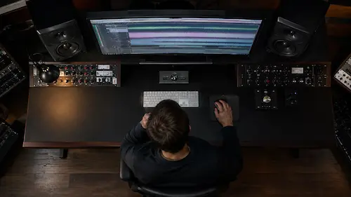 Mastering Engineer analysiert einen fertigen Mix vor dem ersten Bearbeitungsschritt im professionellen Tonstudio