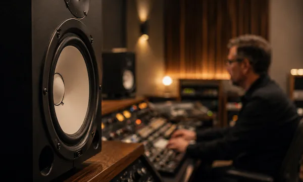 Mastering-Ingenieur analysiert Peak-Level und Headroom eines Stereo-Mixes im Studio