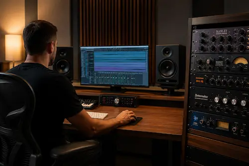 Mastering-Ingenieur analysiert die Sample Rate einer WAV-Datei im Tonstudio
