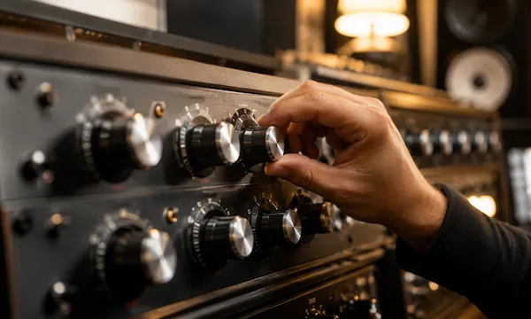 Professioneller Audio Engineer überprüft Dynamik und Stereobild während des Mastering-Prozesses