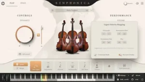 Sinphonica Maestosa Strings orchestral sections and performance controls in a professional music production workflow