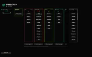 Sonible smartchain plugin interface showing connected channel processing and mix-wide controls