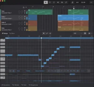 Dreamtonics Instrument X orchestral performance editor with MIDI notes and articulation controls
