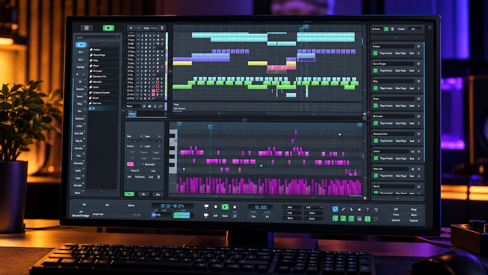 SoundBridge DAW interface with audio tracks, mixer controls and remote production workspace