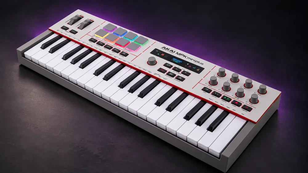 Akai MPK Mini Plus II MIDI controller in a compact electronic music production studio