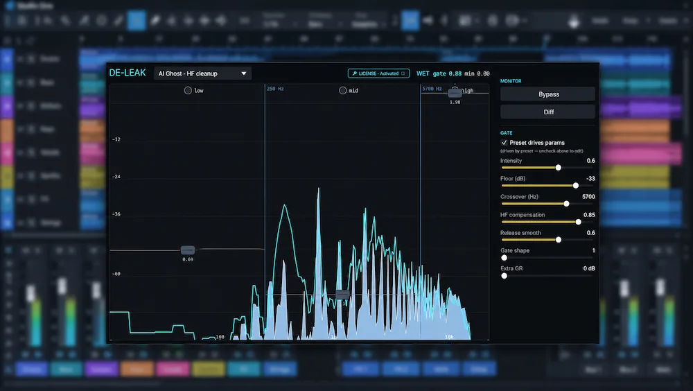 Intrect de-leak-rt audio plugin for cleaning AI-separated stems in a digital audio workstation