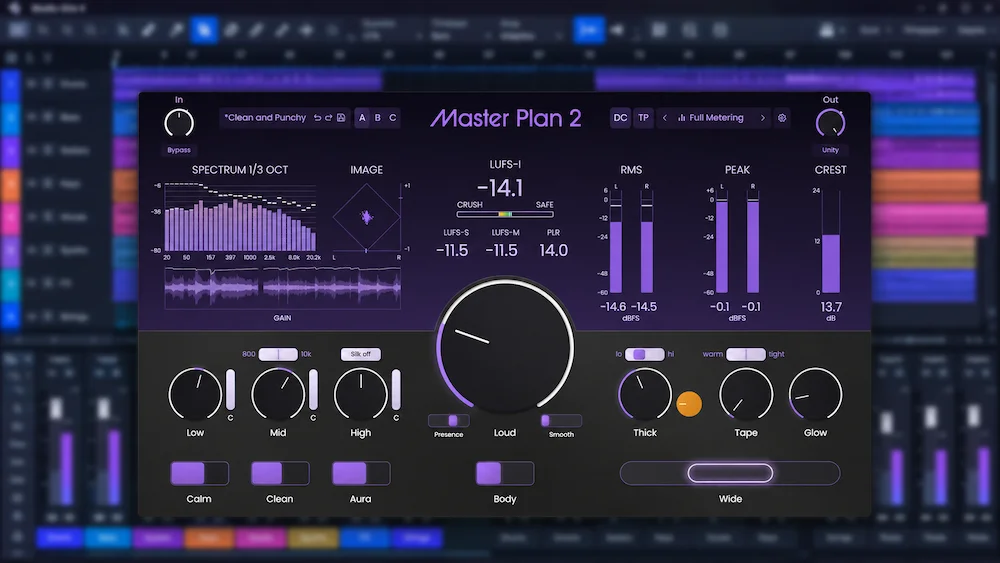Musik Hack Master Plan 2 mastering plugin interface in a professional digital audio workstation