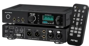 RME ADI-2/4 Pro EX front panel with display, rotary controls, and headphone outputs