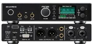 RME ADI-2/4 Pro EX onboard DSP interface showing stereo EQ and headphone monitoring controls