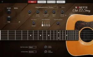Rosette Club 12 String Kontakt instrument interface with acoustic guitar sample controls